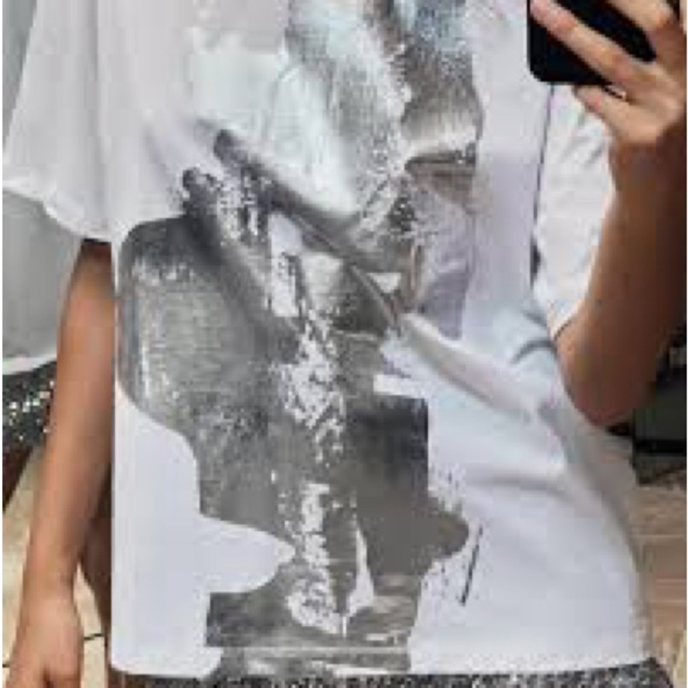 Zara White and Silver Abstract Print Tee